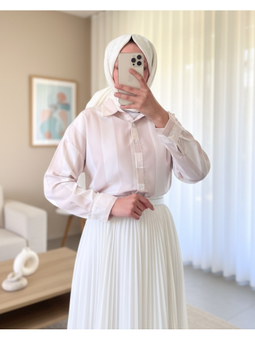 Kalın Çizgili Düğmeli Pudra Gömlek