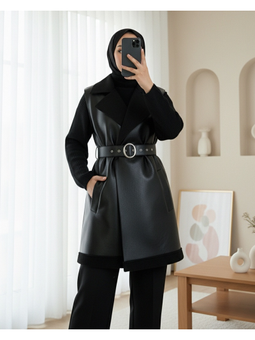 Kalın Kemerli İçi Kürklü Cepli Deri Siyah Yelek