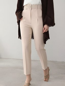 Kalın Kemerli Kumaş Bej Pantolon