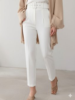 Kalın Kemerli Kumaş Ekru Pantolon