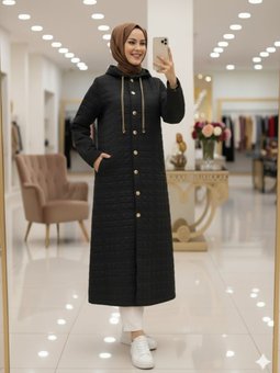 Kapüşonlu Önü Düğmeli Zincir Detaylı Kapitone Siyah Kap