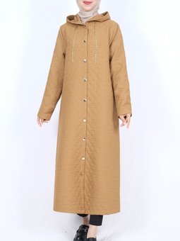 Kapüşonlu Zincir Detaylı Düğmeli Kapitone Tarçın Kap