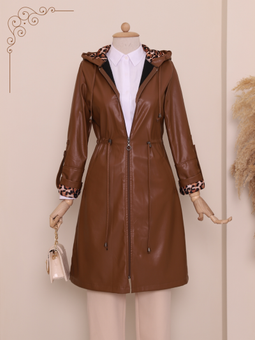 Kolu Katlamalı Beli Bağcıklı Kapüşonlu Deri Taba Kap