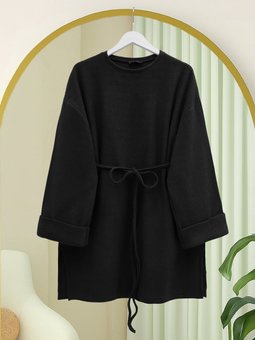 Kolu Katlı Beli Bağlamalı Yırtmaçlı Selanik Siyah Tunik