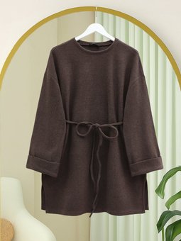 Kolu Katlı Beli Bağlamalı Yırtmaçlı Selanik Toprak Tunik