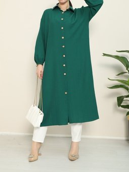 Kolu Lastikli Boydan Düğmeli Uzun Krinkıl Zümrüt Yeşili Tunik