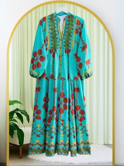 Kolu Lastikli Dik Yaka Yarım Düğmeli Viskon Turkuaz Elbise