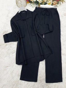 Körüklü Cepli İkili Keten Siyah Takım