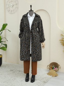 Kruvaze Yaka Kemerli Cepli Desen Kaşe Leopar Kap