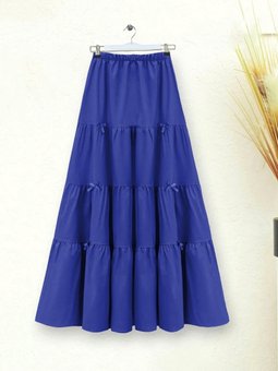 Kurdele Detaylı Parçalı Beli Lastikli Saks Mavisi Etek