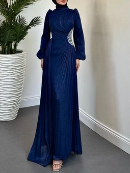 Laci Kolu Lastikli Taş Detaylı Astarlı Janjan Abiye Elbise