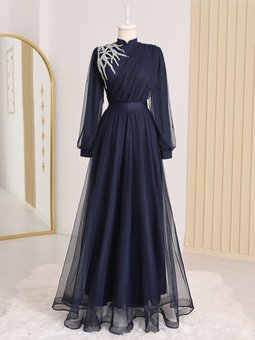 Laci Önü Taş Detaylı Drapeli Kemerli Tül Abiye Elbise