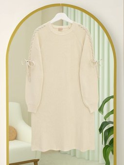 Omuzu Saç Örgülü Salaş Triko Ekru Tunik