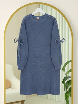 Omuzu Saç Örgülü Salaş Triko İndigo Tunik