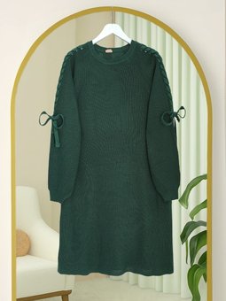 Omuzu Saç Örgülü Salaş Triko Zümrüt Yeşili Tunik