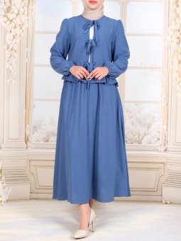 Önü Bağcıklı Kolu Lastikli Etekli İndigo Takım