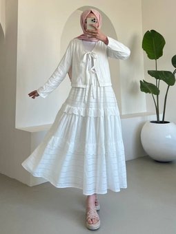 Önü Bağlamalı Fistolu Etekli Beyaz Takım