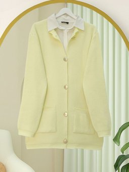 Önü Düğmeli Çift Cepli Yumoş Triko Açık Sarı Hırka