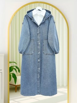 Önü Düğmeli Kapüşonlu Apolet Detaylı Cepli Kot Buz Mavi Kap