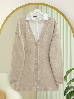 Önü Düğmeli Örme Triko Açık Vizon Hırka