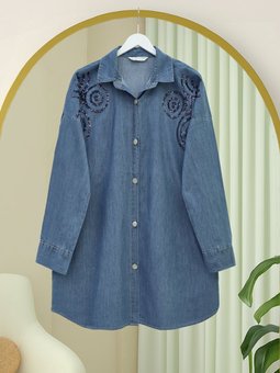 Önü Düğmeli Pul Payet Detaylı Kot İndigo Gömlek