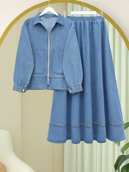 Önü Fermuarlı Çift Cepli Etekli Buz Mavi Kot Takım