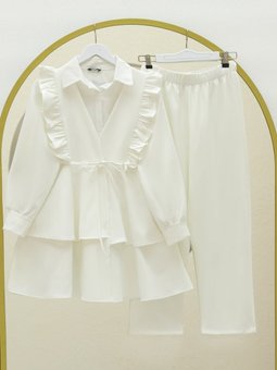 Önü Fırfırlı Bağcıklı Eteği Katlı Pantolonlu Kimono Beyaz Takım