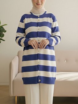 Ringelli Metal Dügme Çelik Örgü Salaş Saks Mavisi Hırka