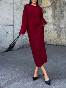Saç Örgü Triko Bordo Elbise