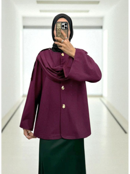 Şal Detaylı Kışlık Keçe Mürdüm Ceket