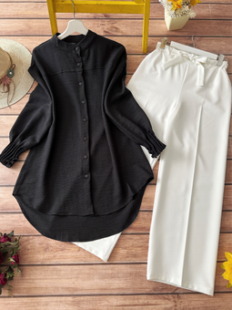 Siyah Kol Manşeti Drapeli Oval Kesim Gömlek