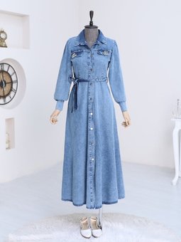 Taş Detaylı Boydan Düğmeli Kot İndigo Elbise