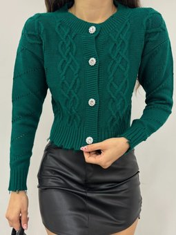 Taş Düğmeli Yırtıklı Krop Zümrüt Yeşili Hırka