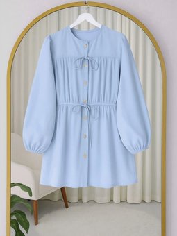 Taşlı Düğmeli Kolu Lastikli Bağlama Detaylı Bebe Mavi Gömlek