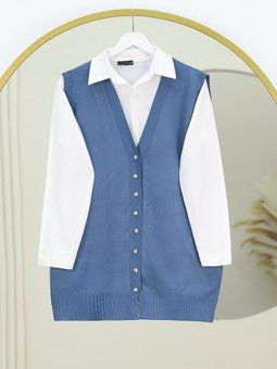 V Yaka Düğmeli Triko İndigo Yelek