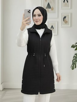 Yakası Bağcıklı Beli Lastikli Cepli Kapitone Siyah Yelek