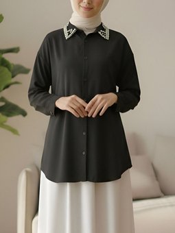 Yakası Taş Detaylı Düğmeli Salaş Siyah Gömlek