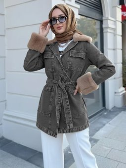 Yakası Ve Kolu Kürklü Önü Bağlamalı Cepli Kot Füme Ceket