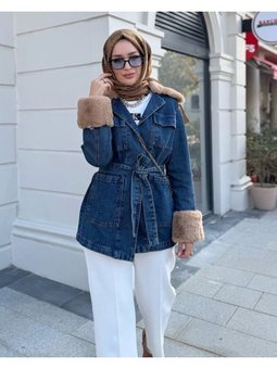 Yakası Ve Kolu Kürklü Önü Bağlamalı Cepli Kot İndigo Ceket