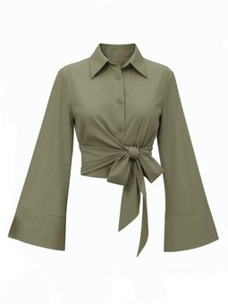 Yan Bağlamalı İspanyol Kol Düğmeli Haki Gömlek