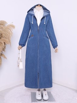 Yan Cepli Kolu Lastikli Kapüşonlu Kot İndigo Kap