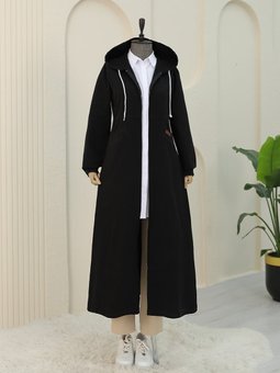 Yan Cepli Kolu Lastikli Kapüşonlu Kot Siyah Kap