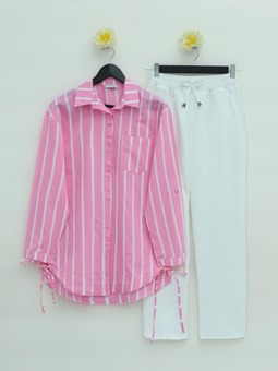 Yandan Bağlamalı Cepli Çizgili Pembe Gömlek