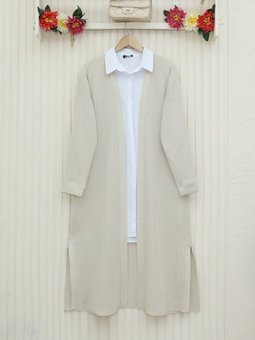 Yanları Yırtmaçlı Fitilli Uzun Triko Taş Hırka