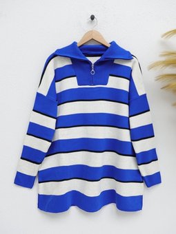 Yarım Fermuarlı Boğazlı Triko Saks Mavisi Tunik