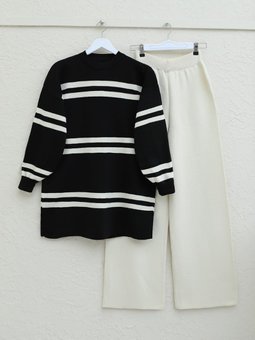 Yuvarlak Yaka Balon Kol Triko Siyah Takım