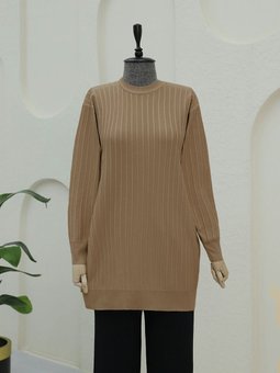 Yuvarlak Yaka İnce Çizgili Triko Vizon Tunik