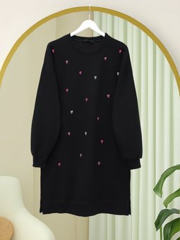 Yuvarlak Yaka Kalp Desenli Penye Siyah Tunik