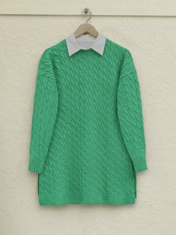 Yuvarlak Yaka Saç Örgü Yırtmaçlı Triko Yeşil Tunik