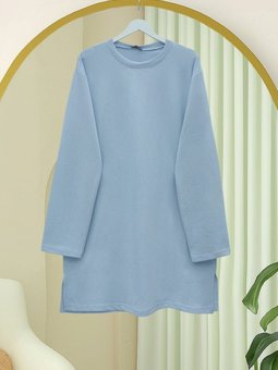 Yuvarlak Yaka Yırtmaçlı Salaş Penye Bebe Mavi Tunik